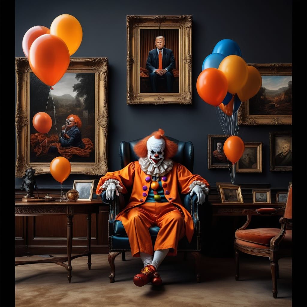 Grumpy Clown in Oval Office as Detailed Matte Painting