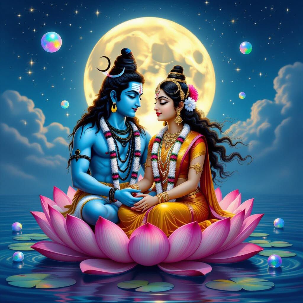 Shiva and Shakti in Romantic Embrace on Lotus