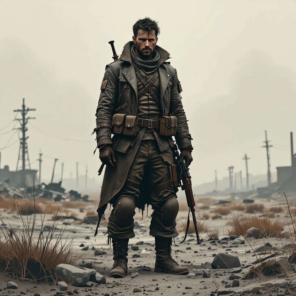 Victorious Soldier in War-Torn Landscape