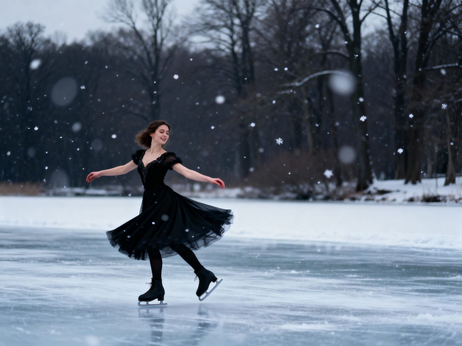 Woman Ice Skating in Black Dress on Snowy Lake