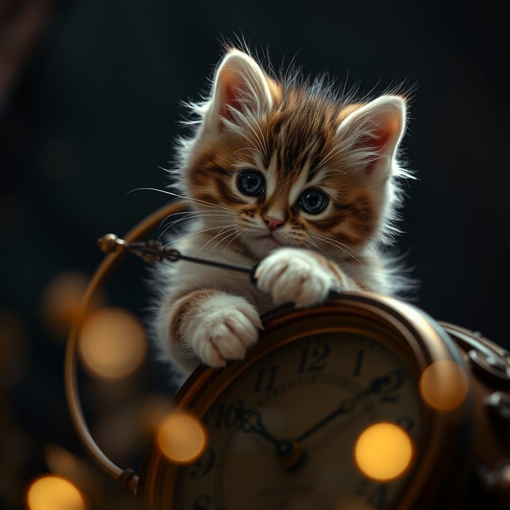 Hyperrealistic Kitten Plays with Clock Hands