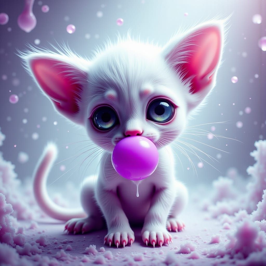 Whimsical Surrealist Painting of a Kitten Chewing Bubblegum ...