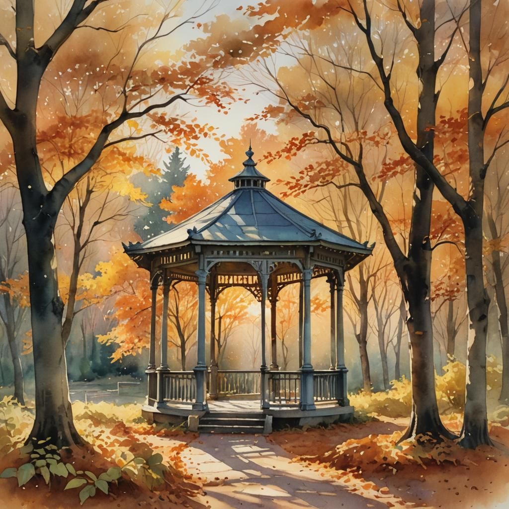 Gazebo in Autumn Forest: Watercolor Painting