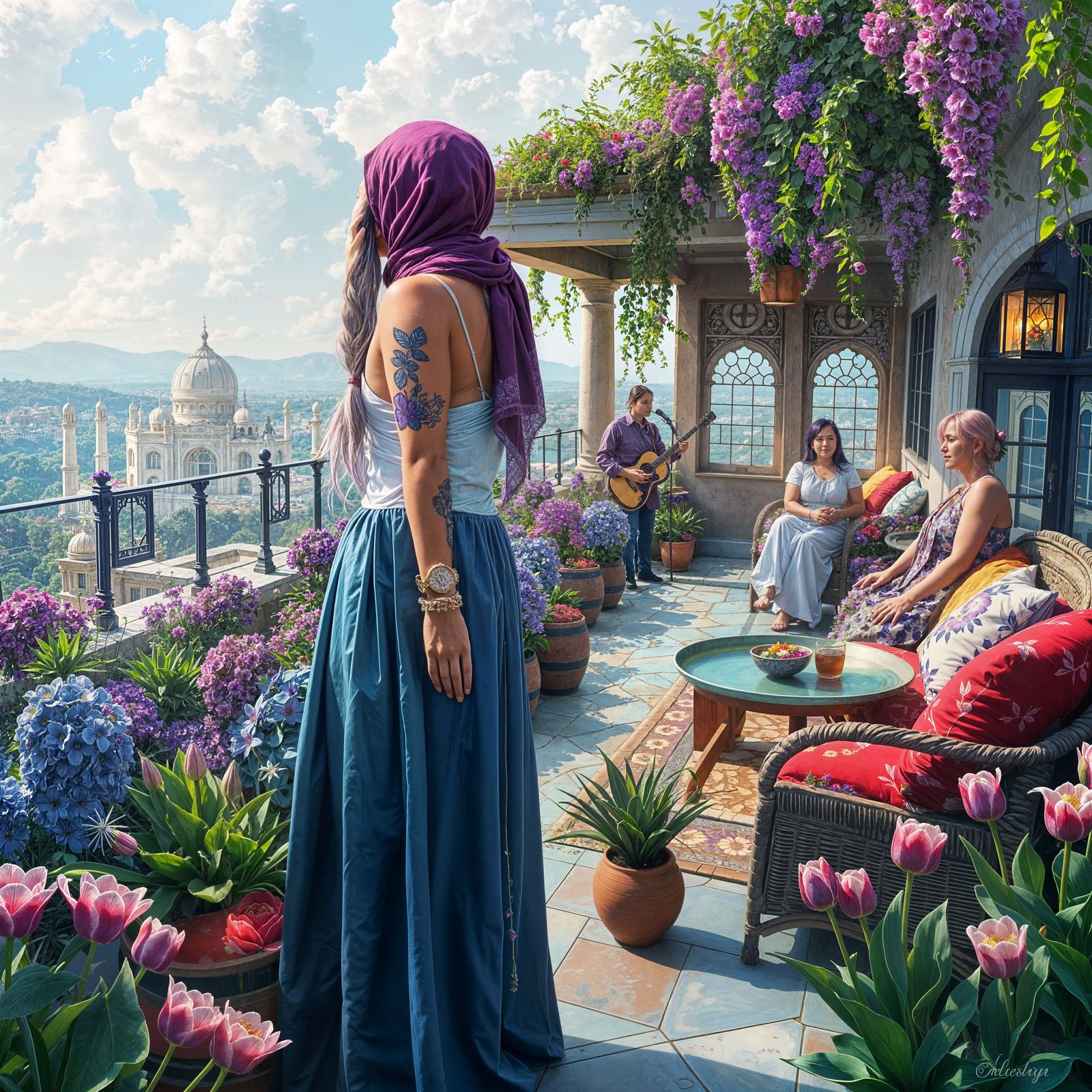 Woman in Secret Flower Garden with Vibrant Tulips and Passio...