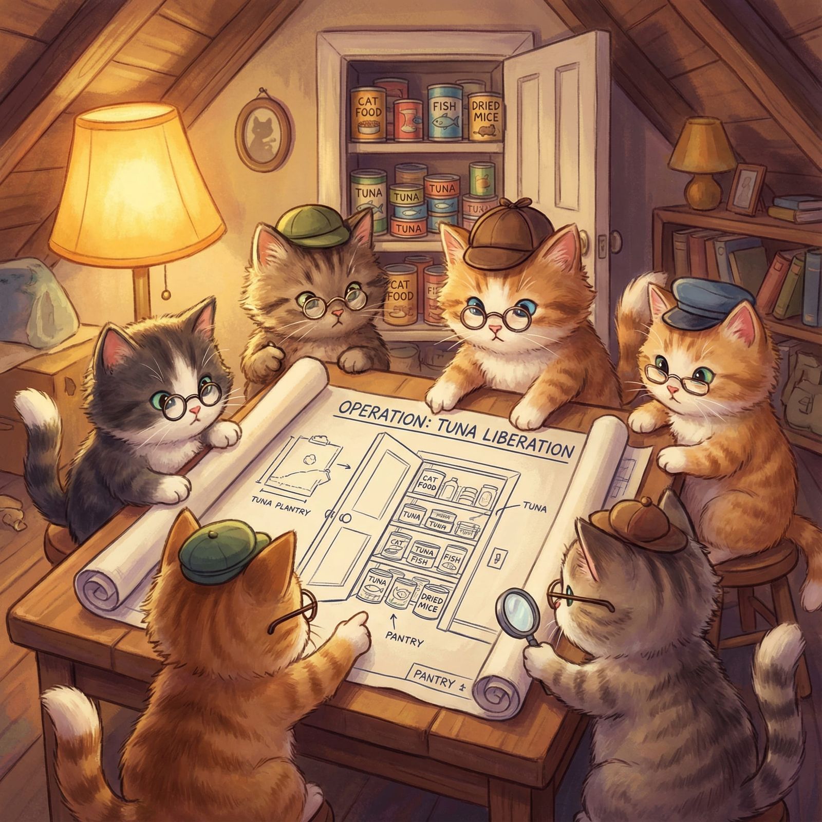 Kittens Plan Food Pantry Heist in Whimsical Digital Art