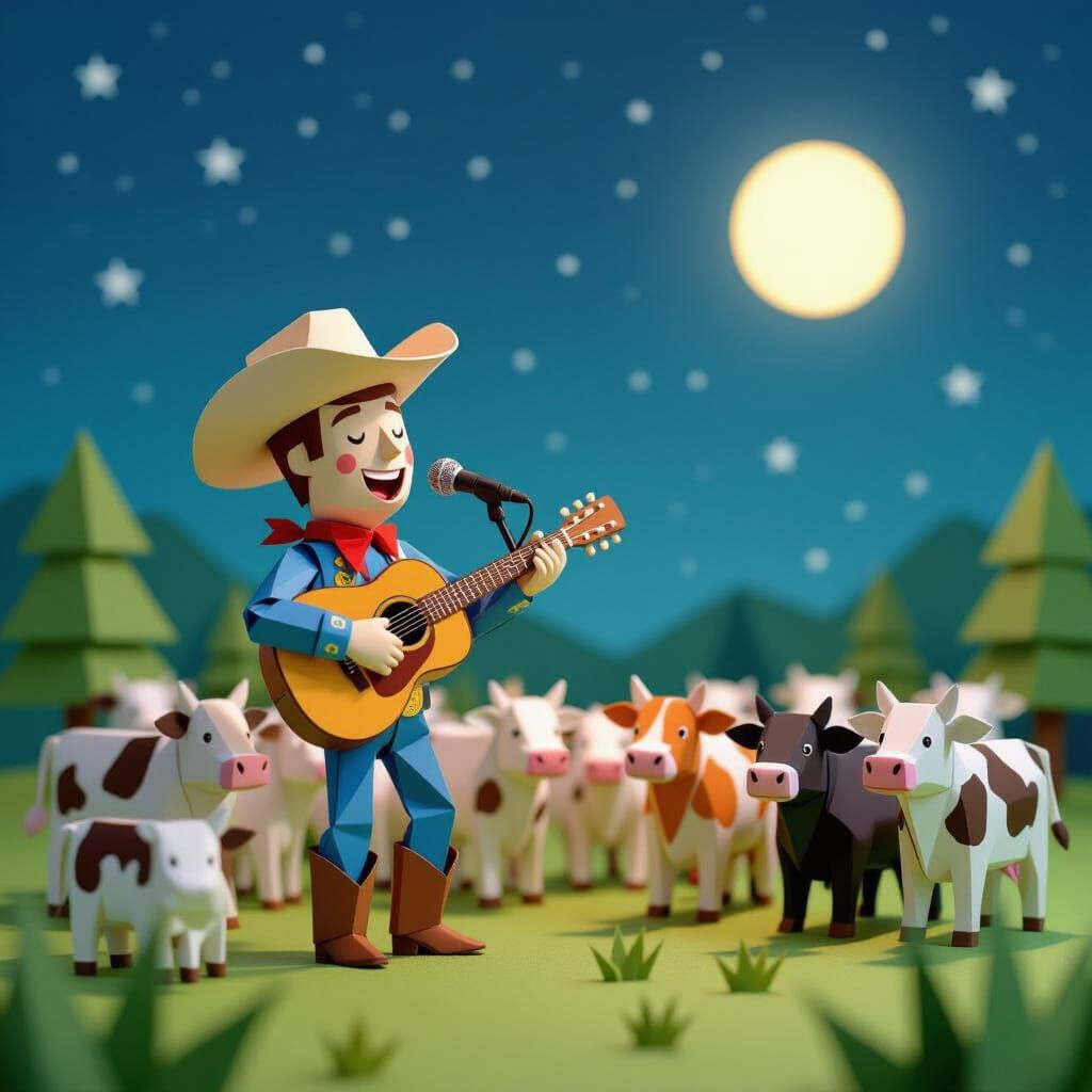 Origami Cowboy Sings to Cows Under Starry Night Sky