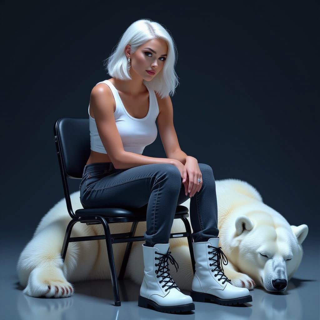 Woman and Polar Bear in Dark Room, Ash Thorp Style