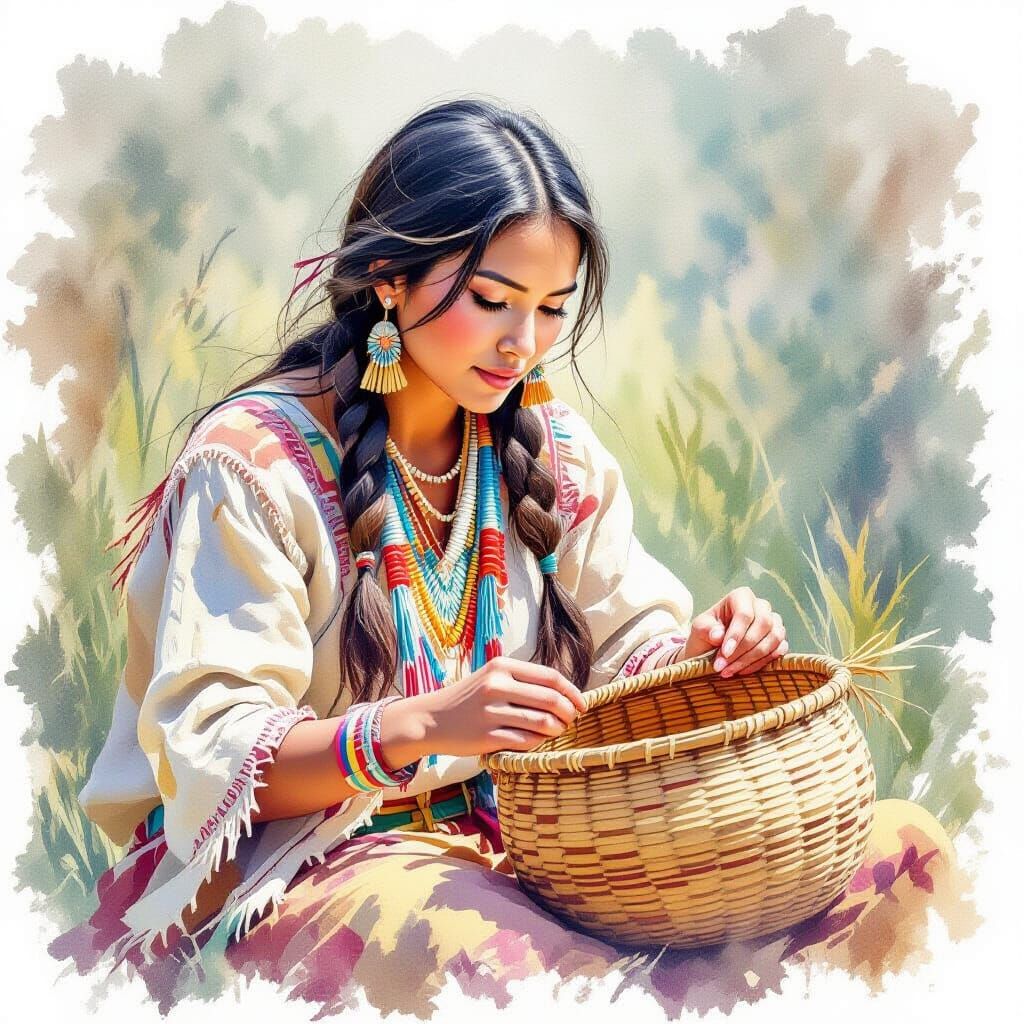 Native American Woman Weaving Basket in Watercolor Style