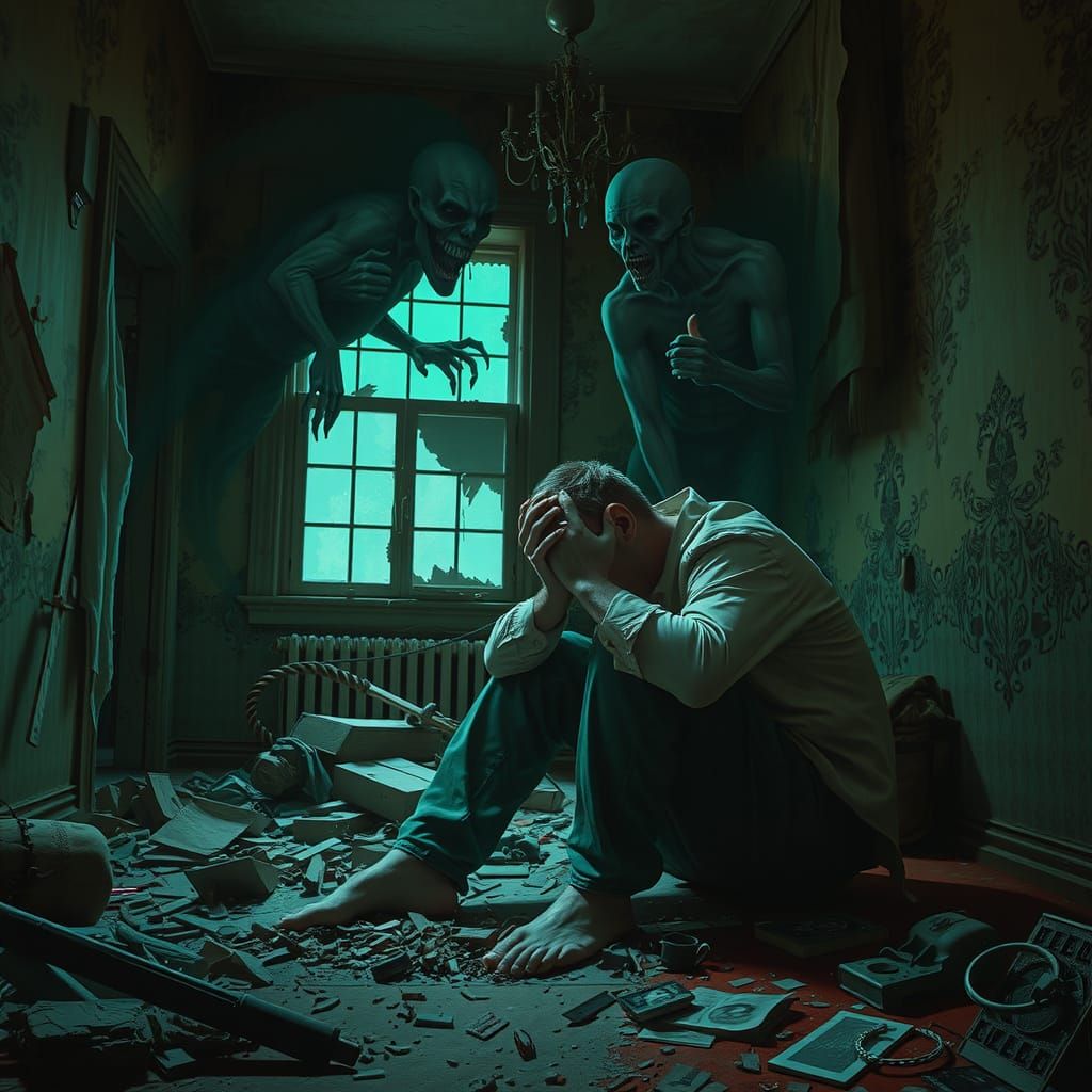 Anguished Man Tormented by Specters in Ravaged Room