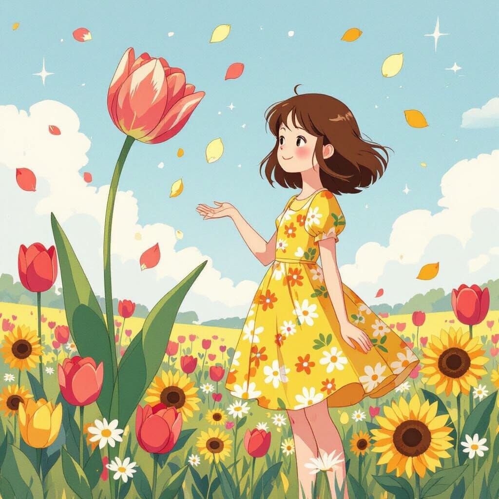 Whimsical Girl Falling into Tulip Field