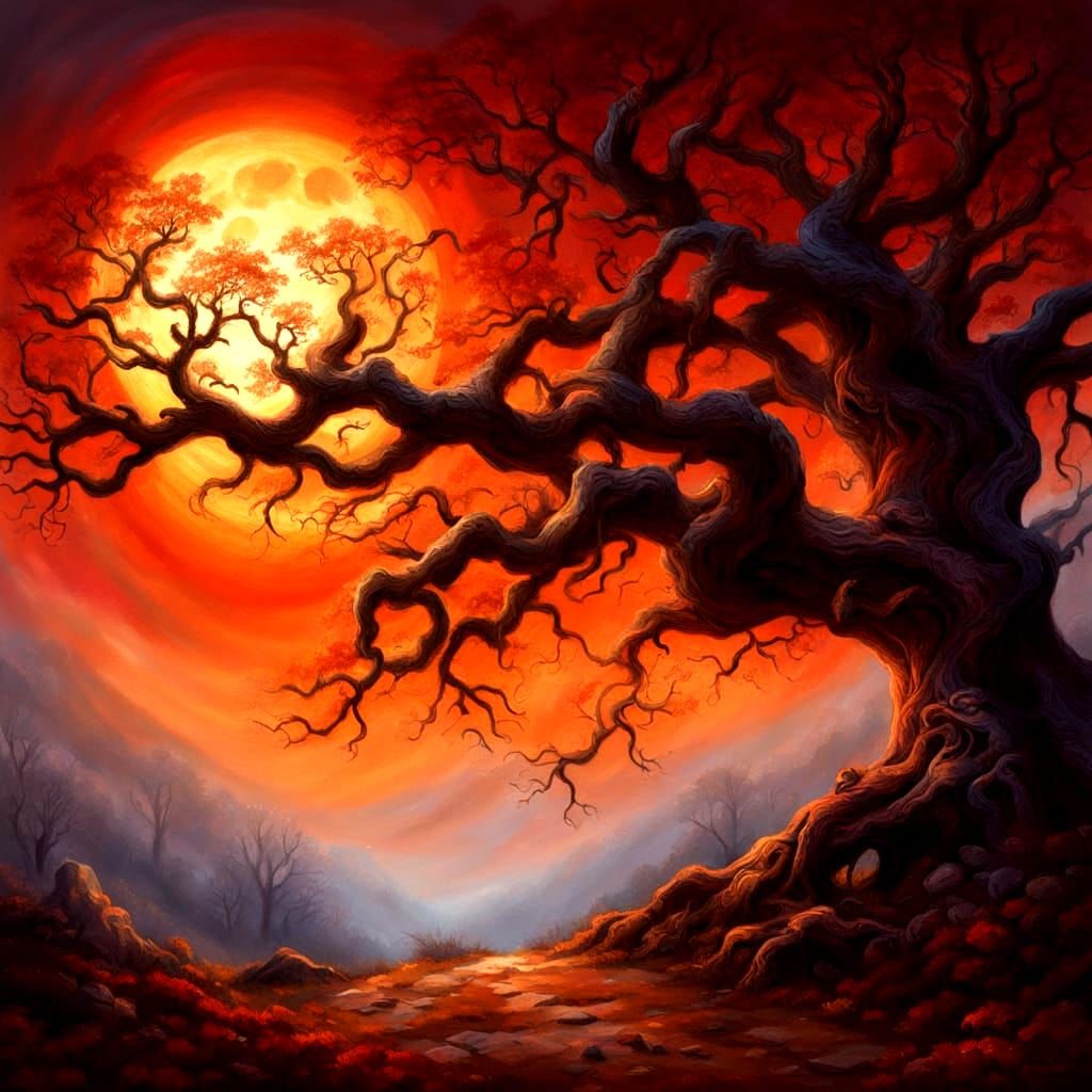 Fantasy Blood Moon Behind Gnarled Tree