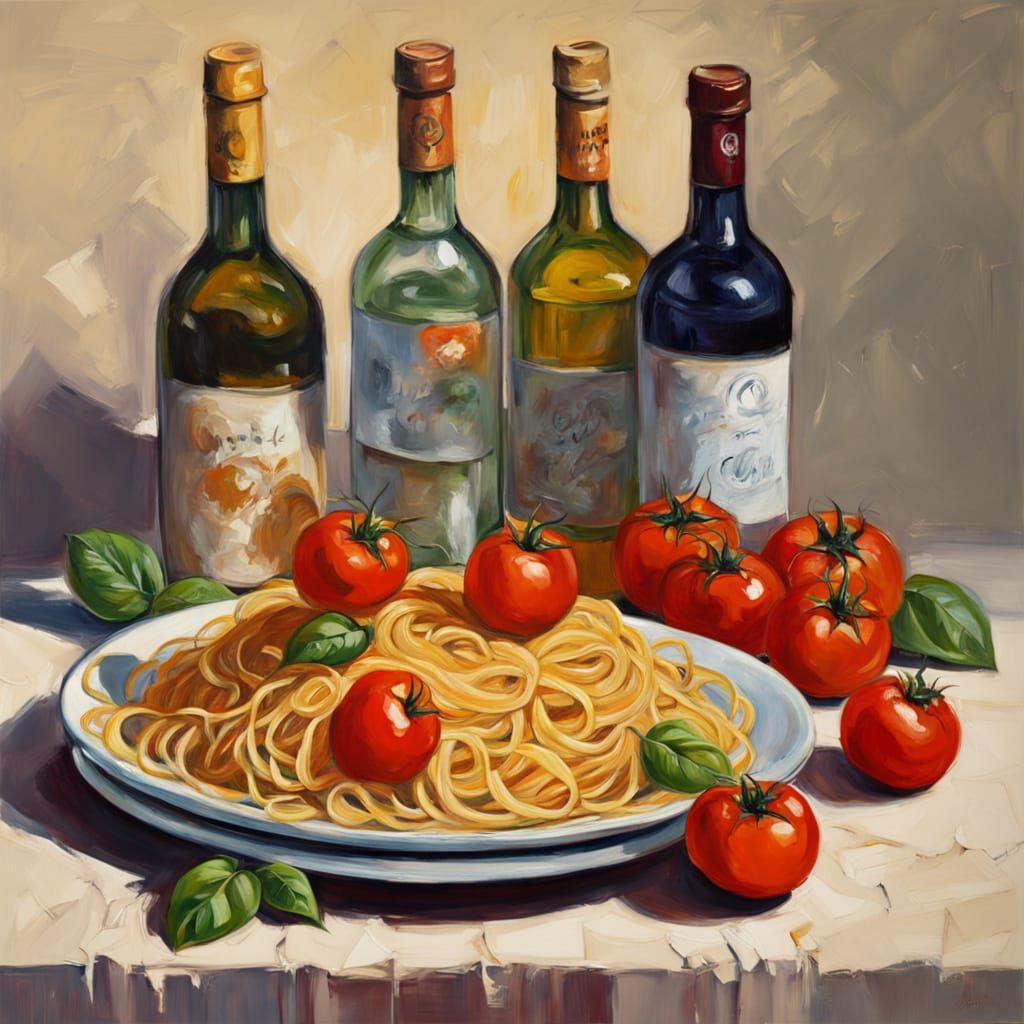 Vibrant Still Life: Wine Bottles and Spaghetti