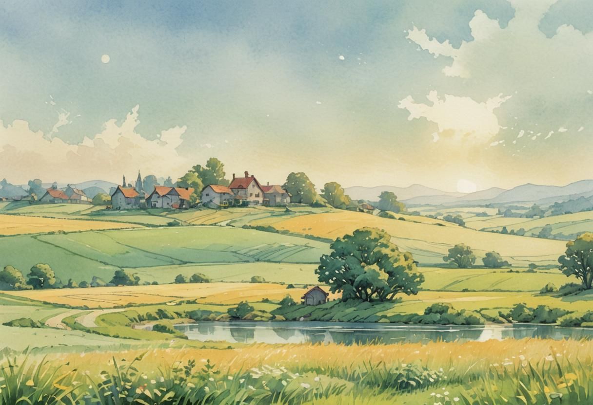 Idyllic Village Scene in Watercolor Comic Book Style