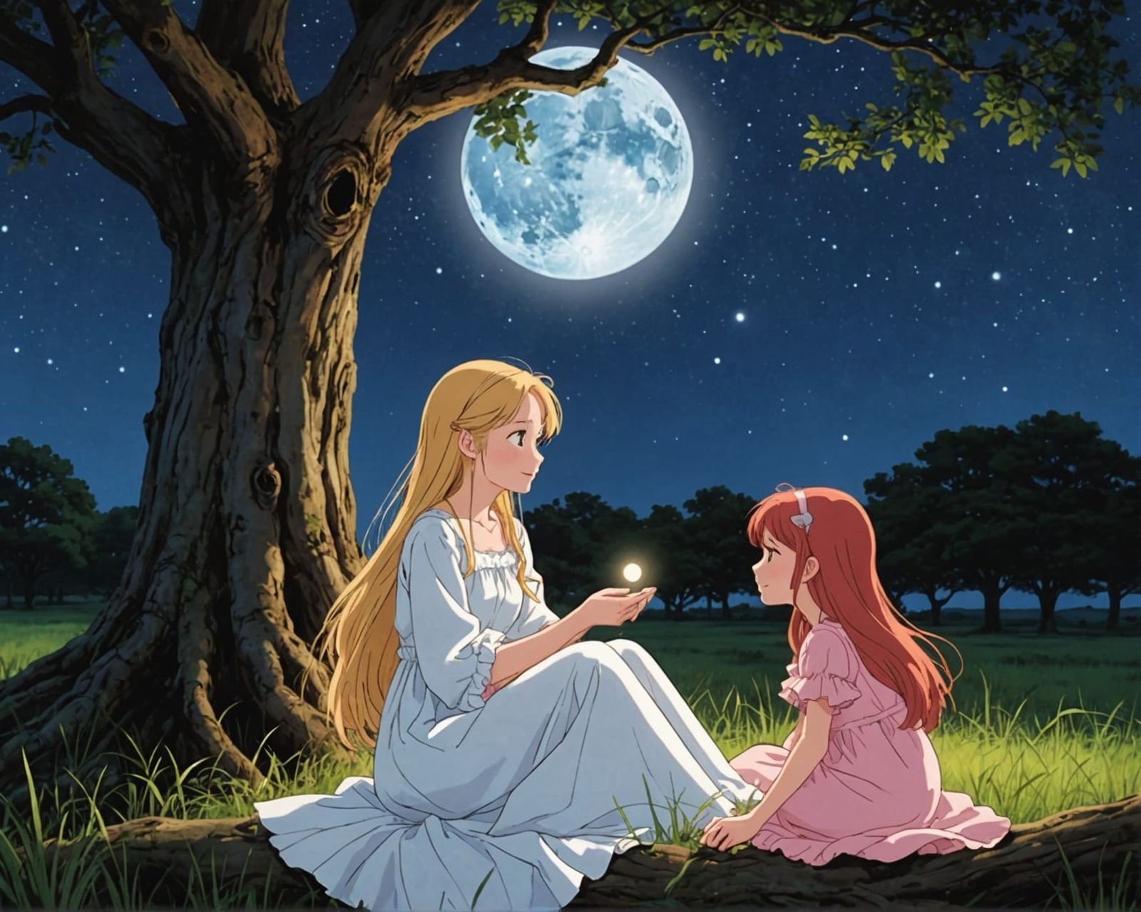 Anime Josei Enjoying Meteor Shower Under Moonlight