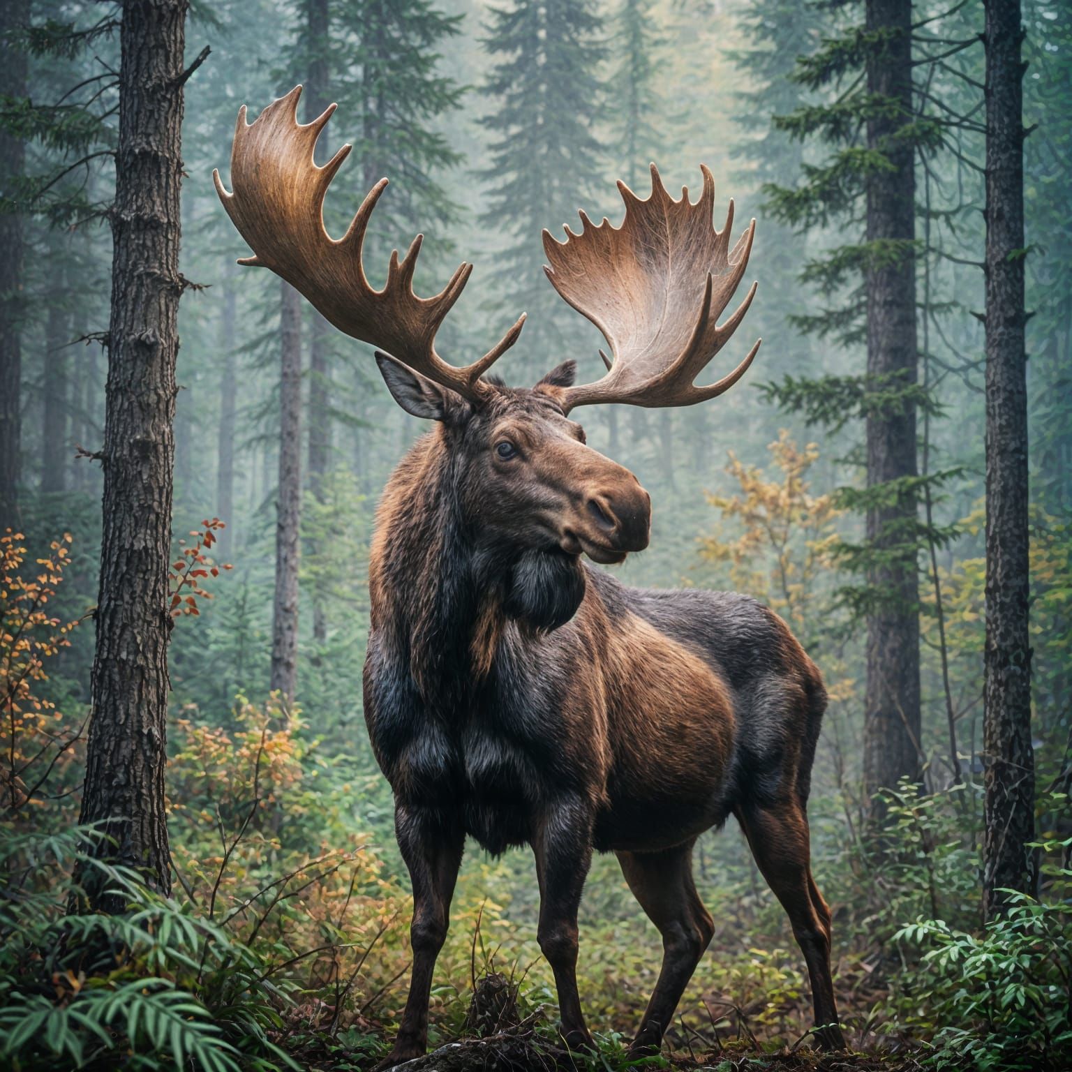 Moose in Misty Forest as Impasto Painting