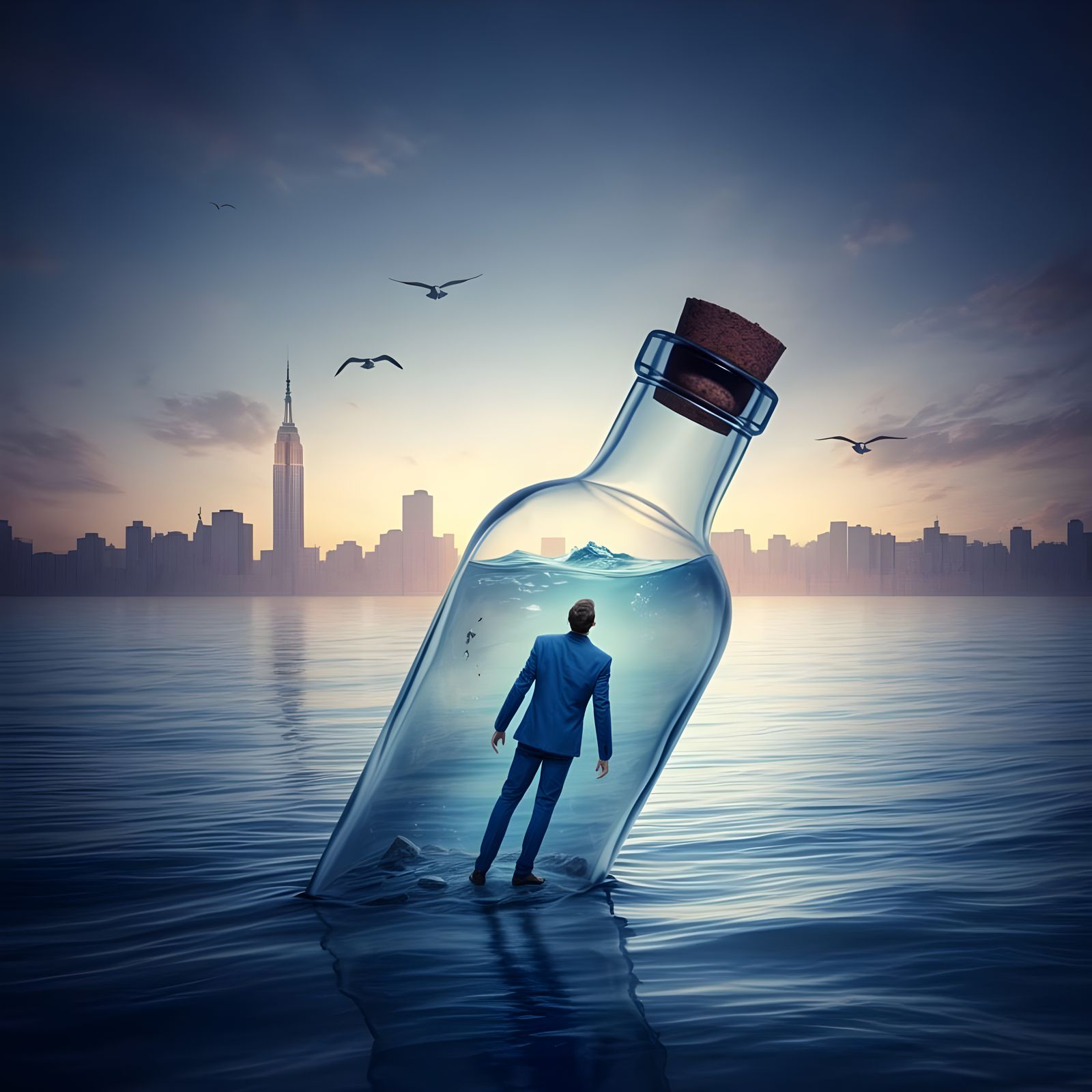 Man Trapped in Bottle Floating on Ocean