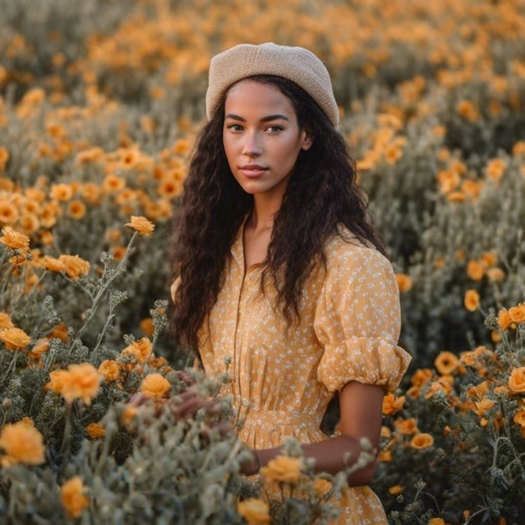 Beautiful Girl in Flower Field, 80s Hyperrealistic Style