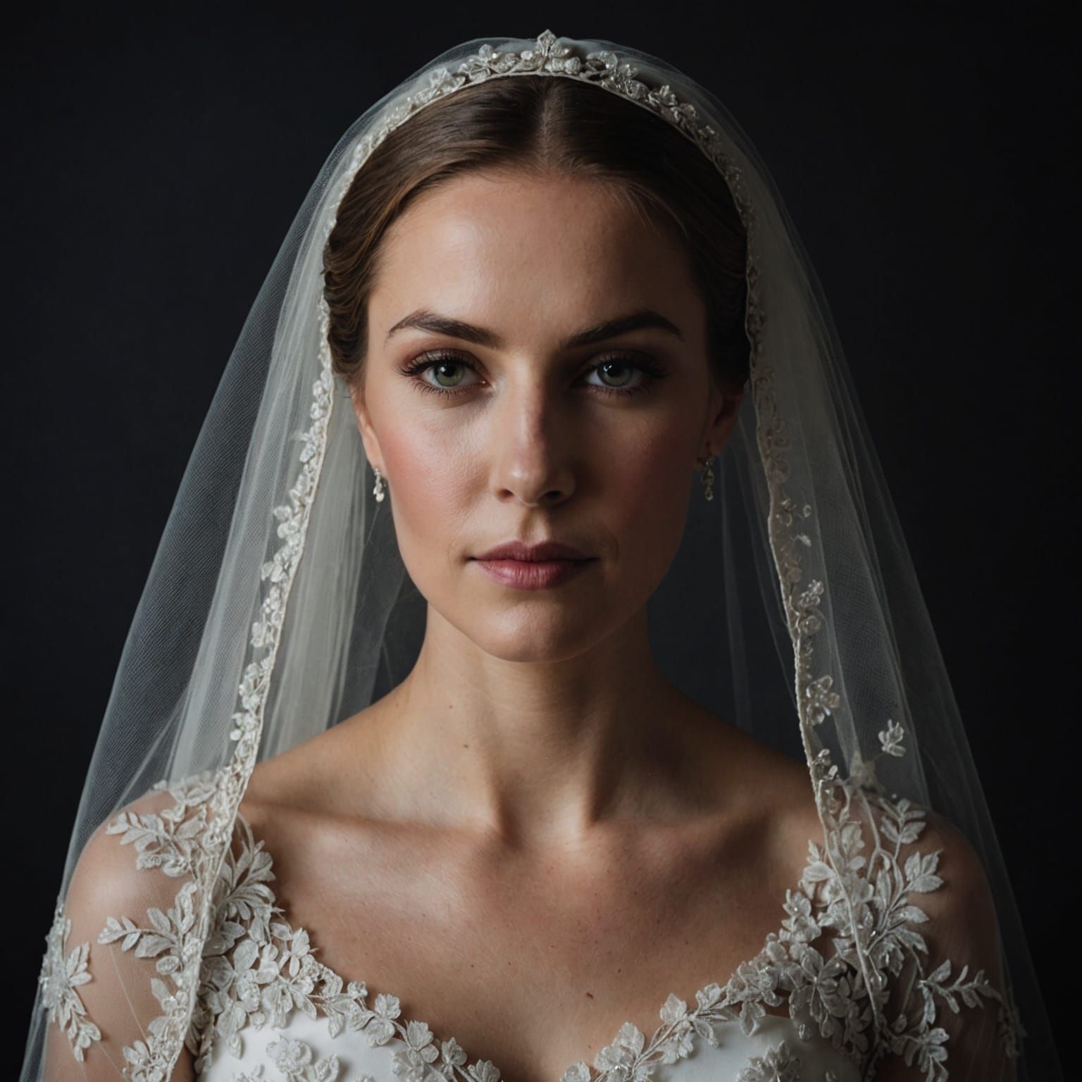 Bride with Tulle Veil Against Dark Backdrop