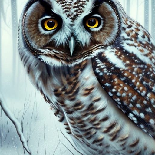Owl Party in Snowy Woods: Hyperdetailed Portrait