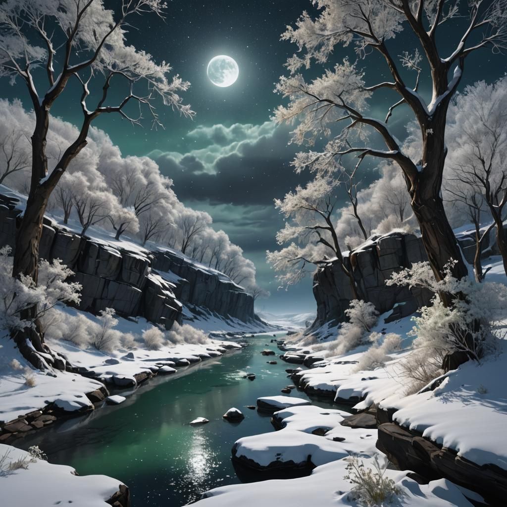 Winter Landscape with White Fox in Moonlight