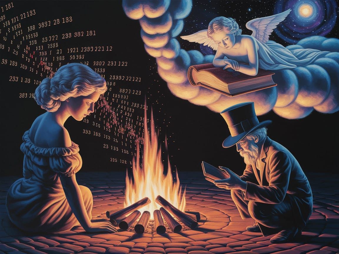 Mysterious Campfire Scene with Angel and Hatmaker