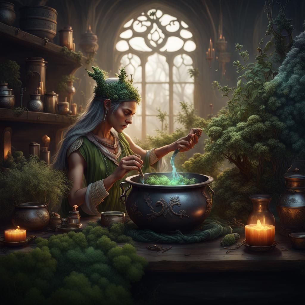 Druid Brews Potion with Magical Herbs