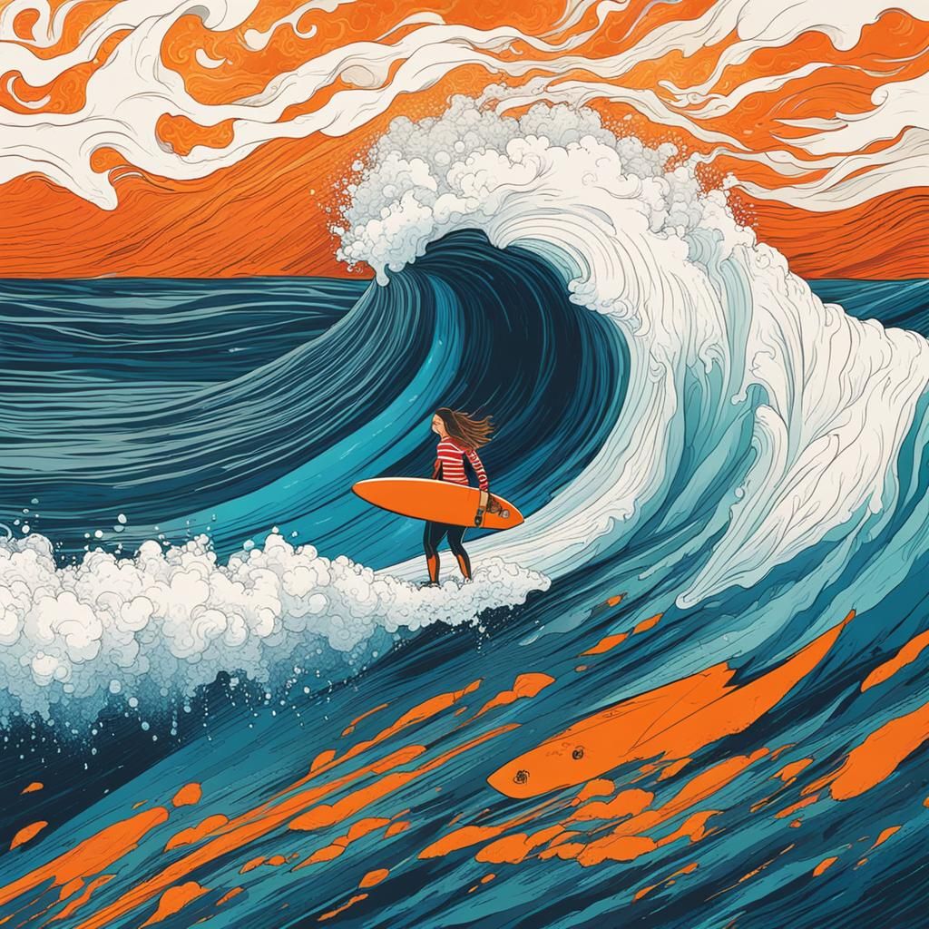 Surfer Girl Rides Huge Wave in Nazaré, Abstract Art
