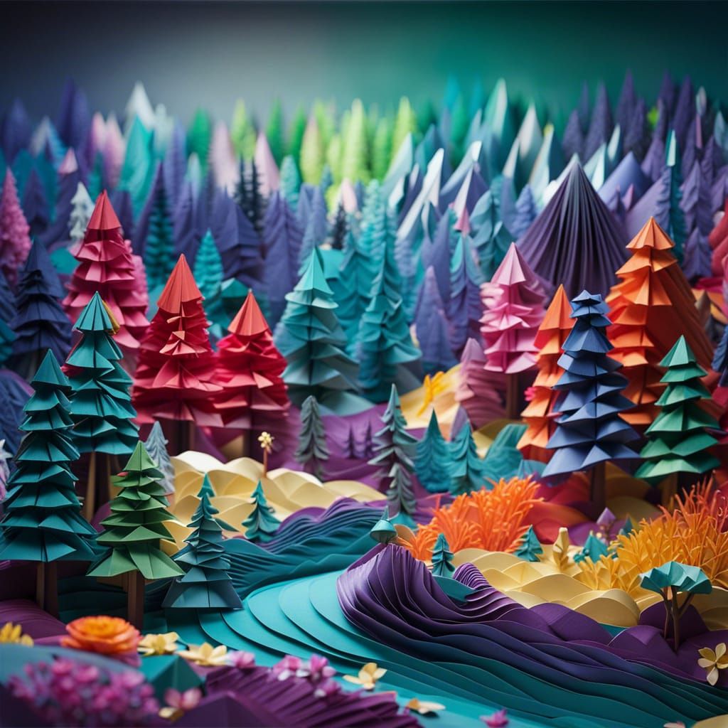 Vibrant Origami Landscape Panorama in Papercraft Style