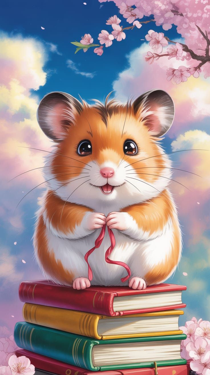 Charming Hamster on Books in Anime Style