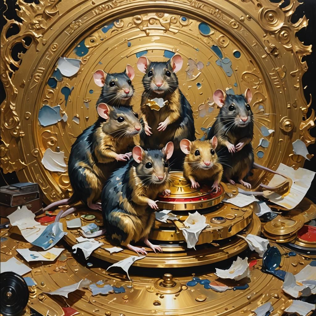 Rats on Gold Record Sleeve as Impasto Gouache