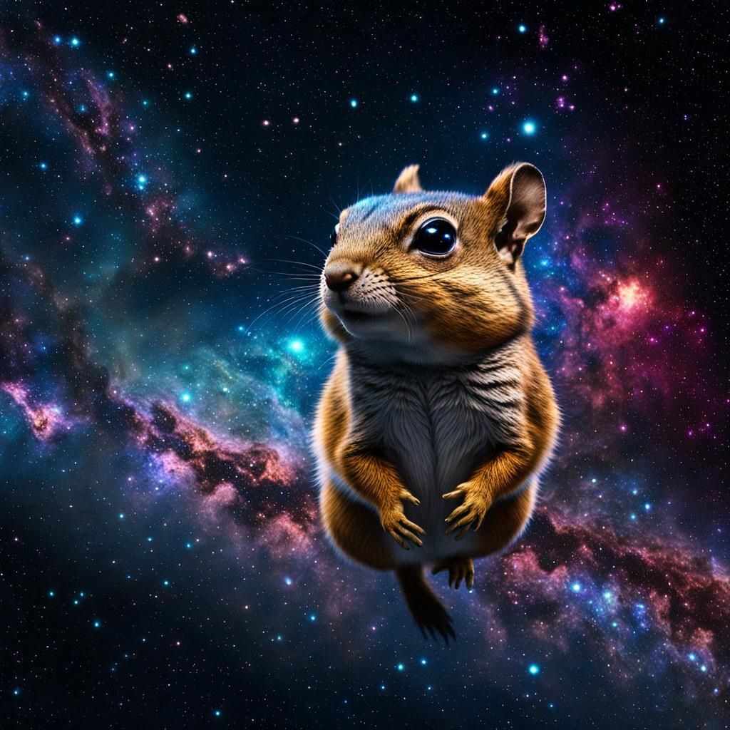 Chipmunk in Space with Vivid Nebula and Stars