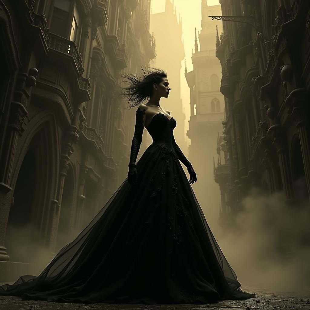 Victorian Vampire in Film Noir Cityscape