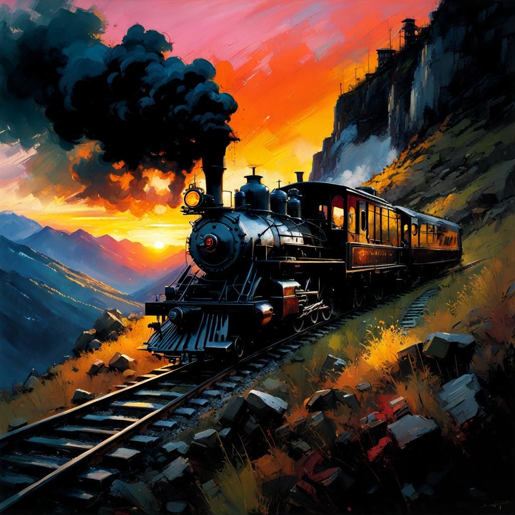 Steam Train at Sunset: Detailed Matte Painting