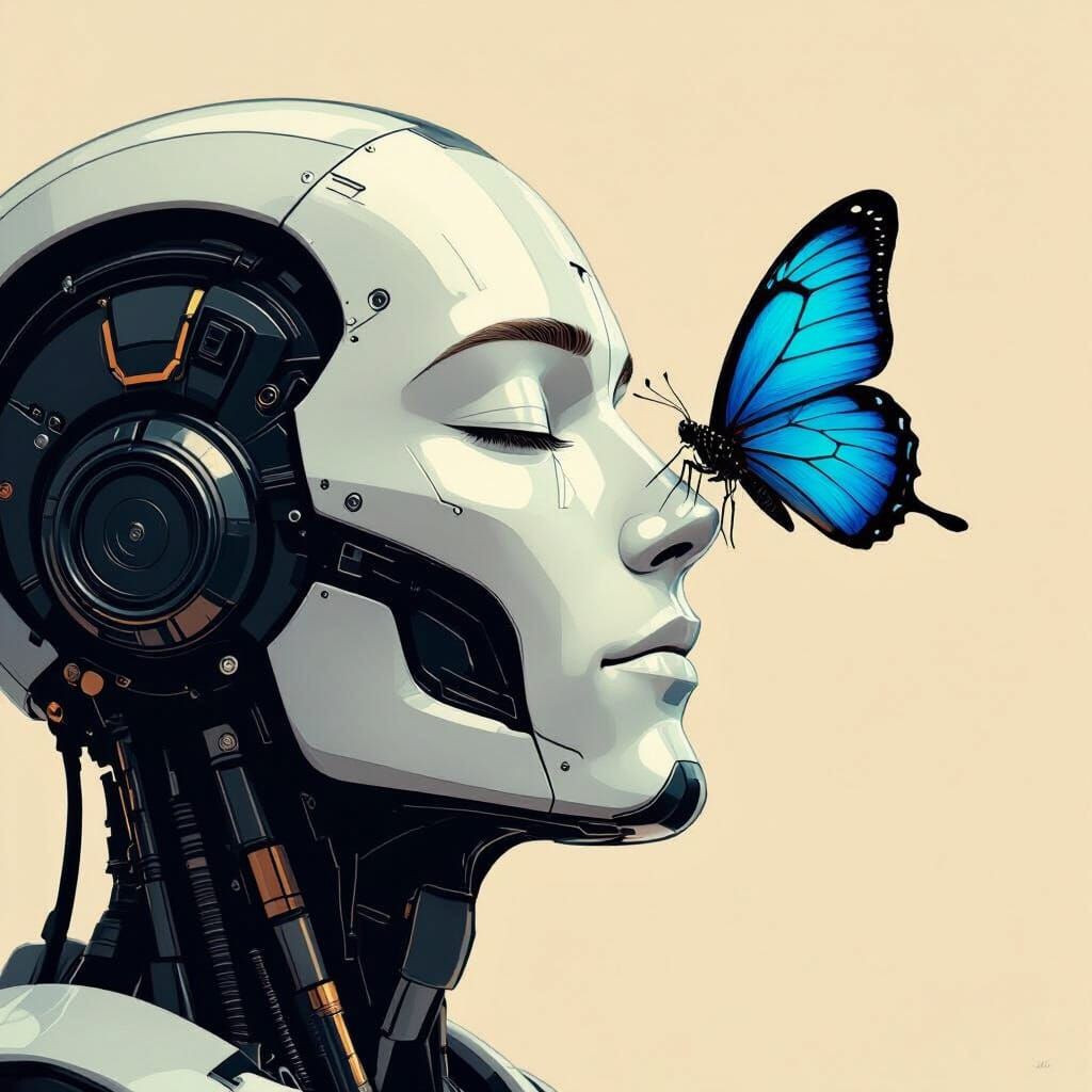 Masculine Robot with Butterfly on Nose, Minimalist Style