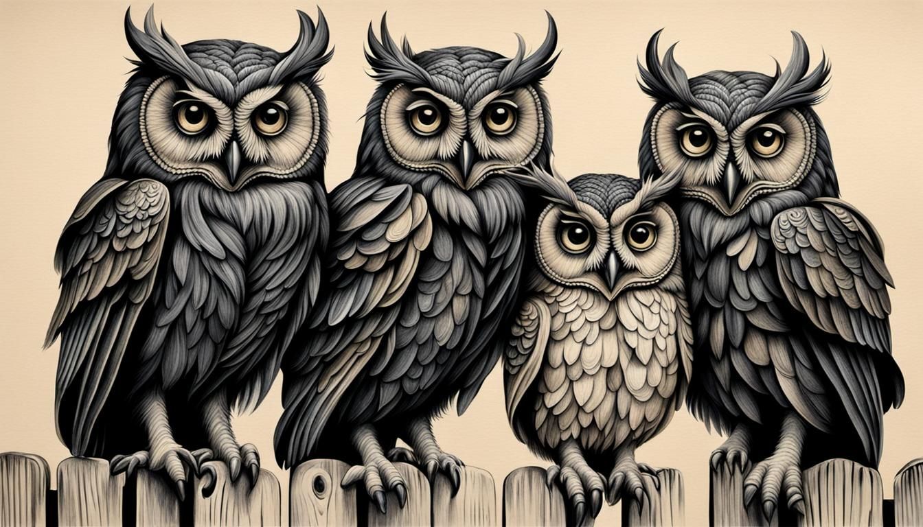 Whimsical Charcoal Drawing of Three Irritated Owls