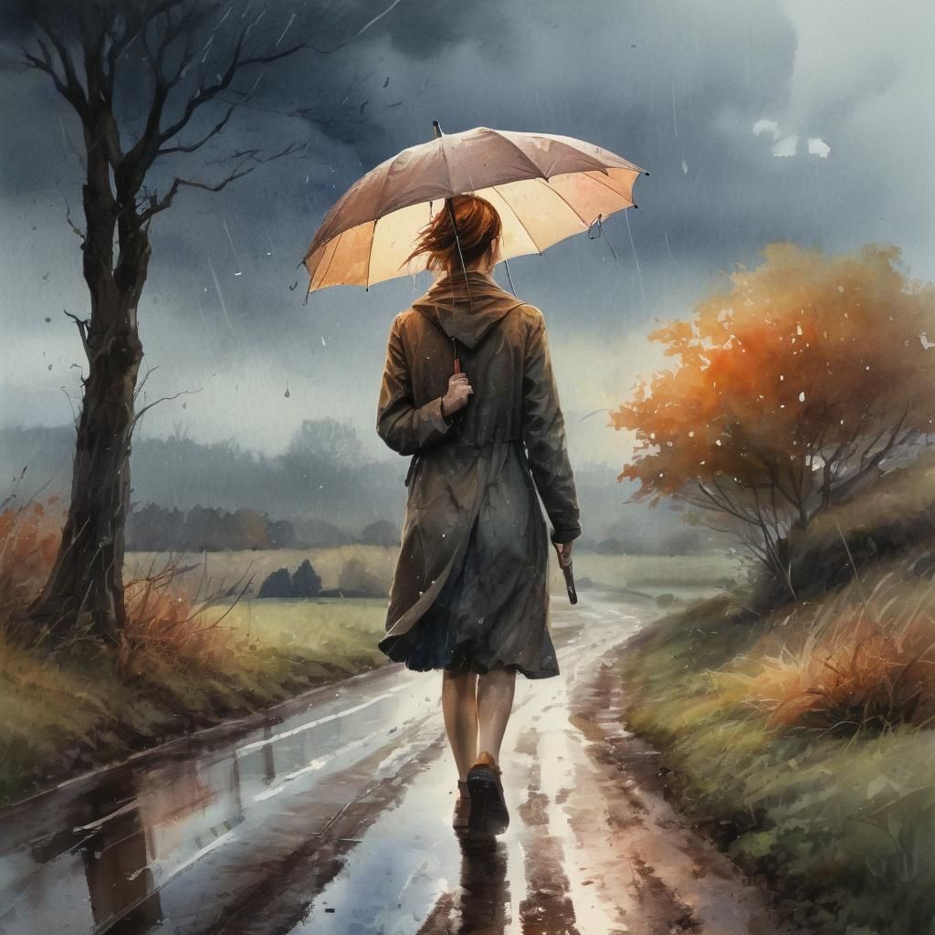 Autumnal Woman with Umbrella, Watercolor Art