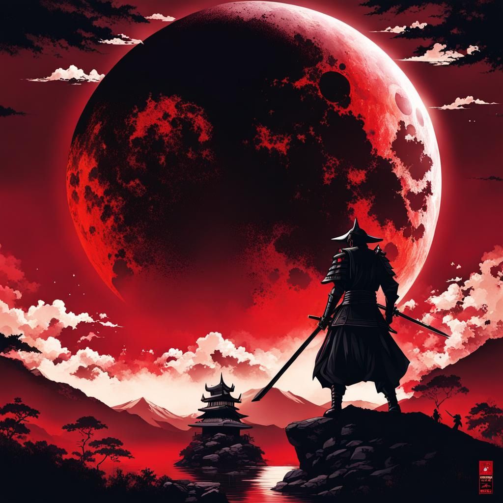 Dark Samurai Silhouette Under Blood Moon