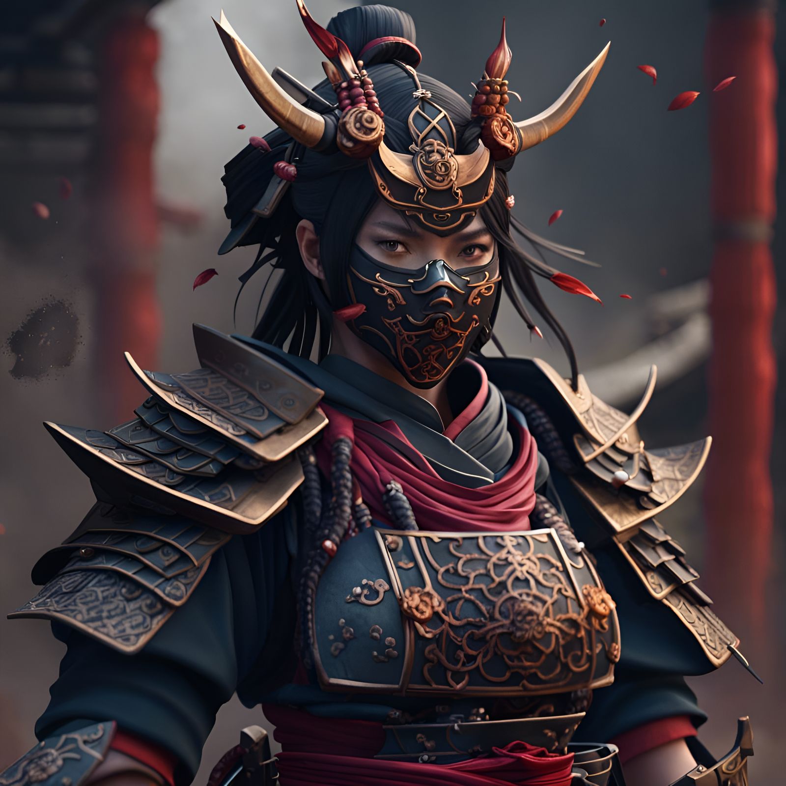 Female Samurai with Horned Mask in Detailed Painting