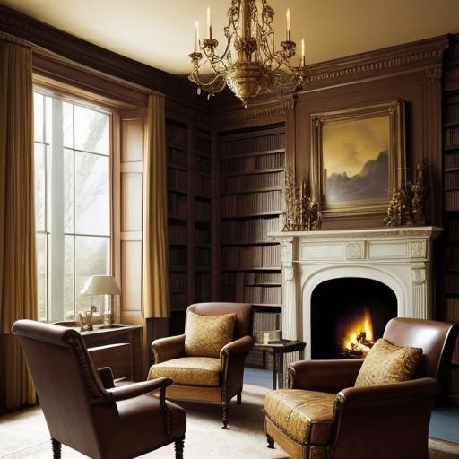 Elegant Library with Fireplace in Oil Painting Style