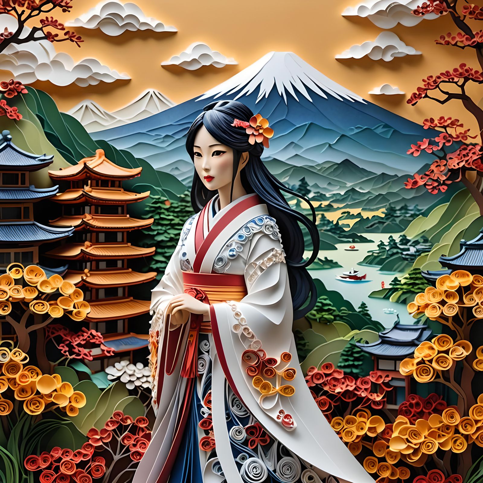 3D Kirigami Statue of a Japanese Girl