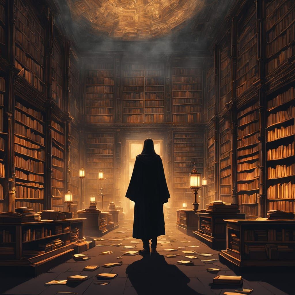 Mysterious Library of Ancient Tomes and Whispering Shadows