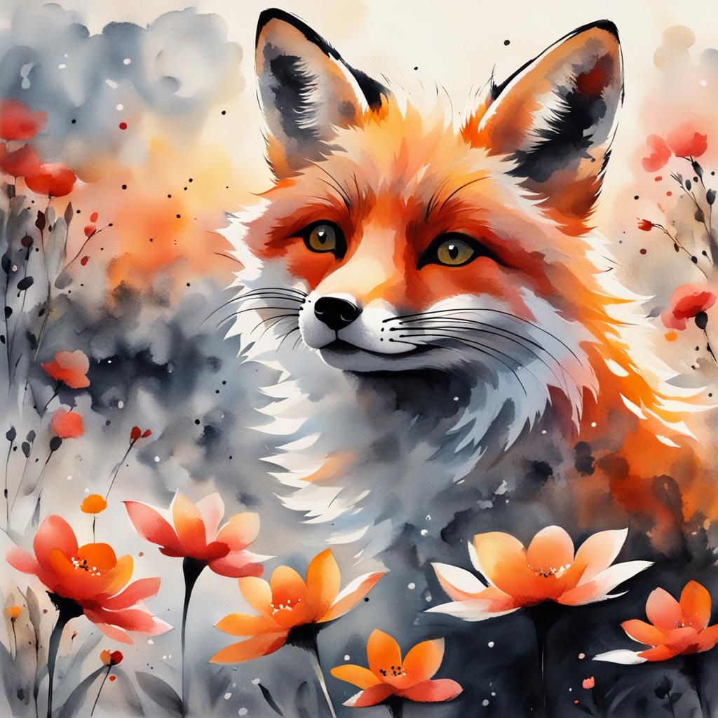 Minimalist Chinese Ink Painting of a Cute Fox