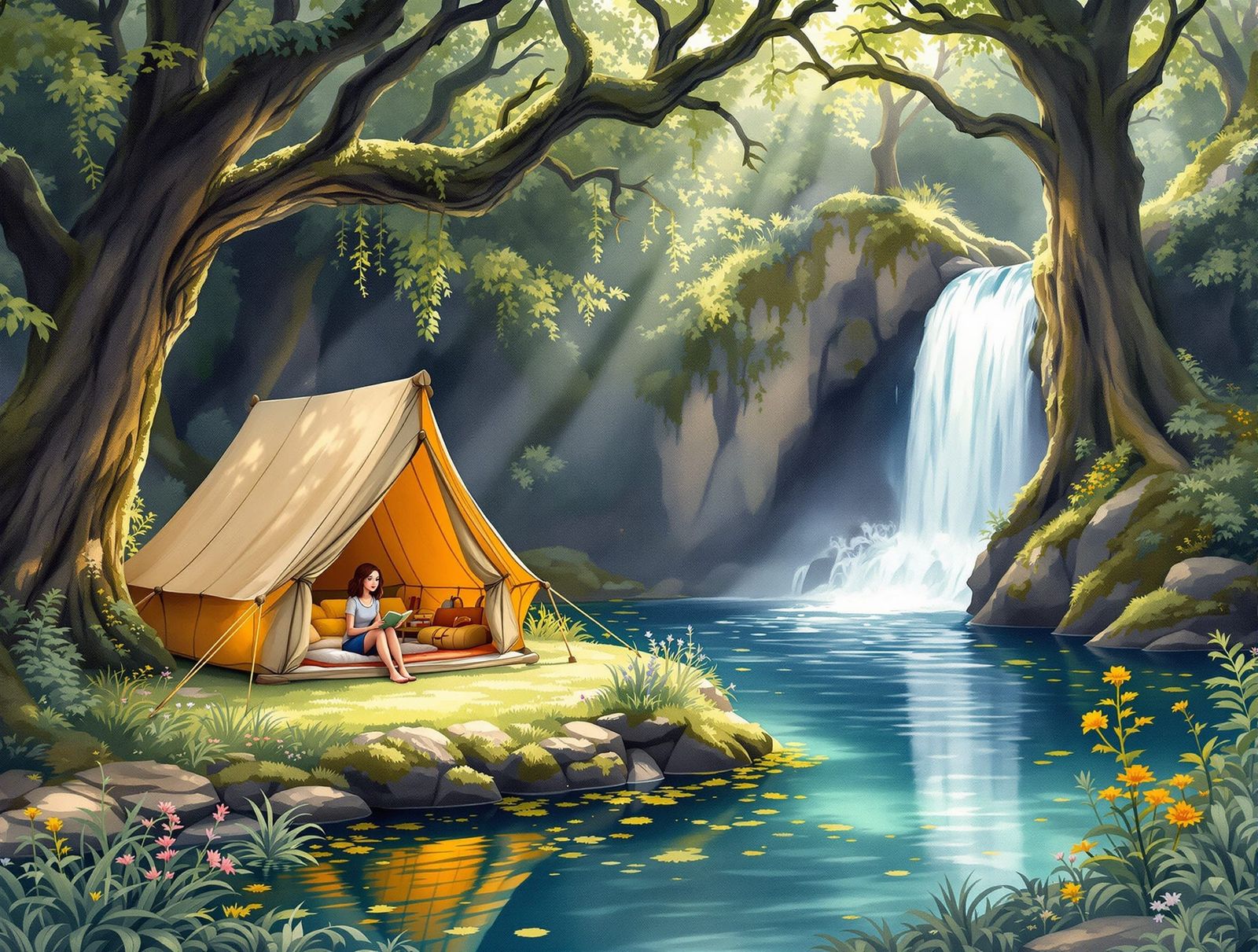 Enchanted Forest Tent Scene in Watercolor Style