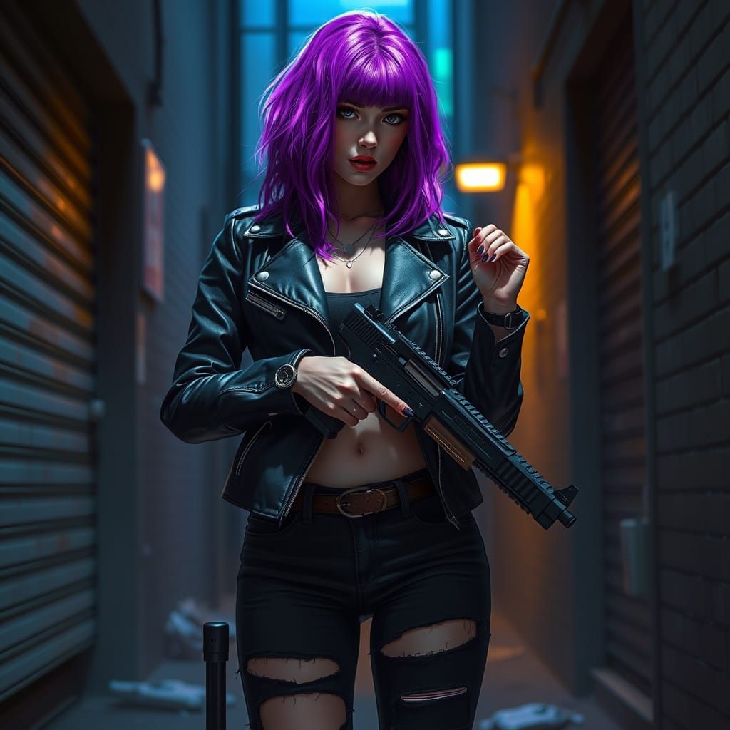 Cyberpunk Woman with Purple Hair in Alleyway