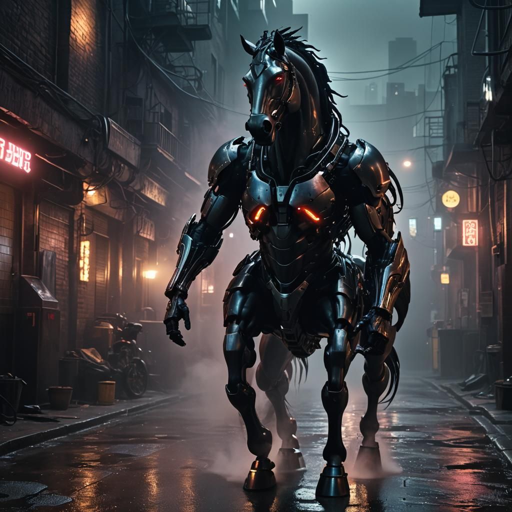 Cyberpunk Engine Horse in Dystopian Alleyway
