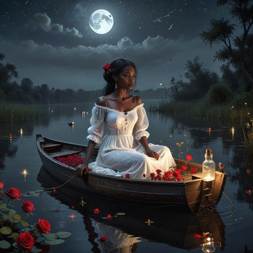 Gothic Senegalese Goddess Sits Serenely on Moonlit Lake