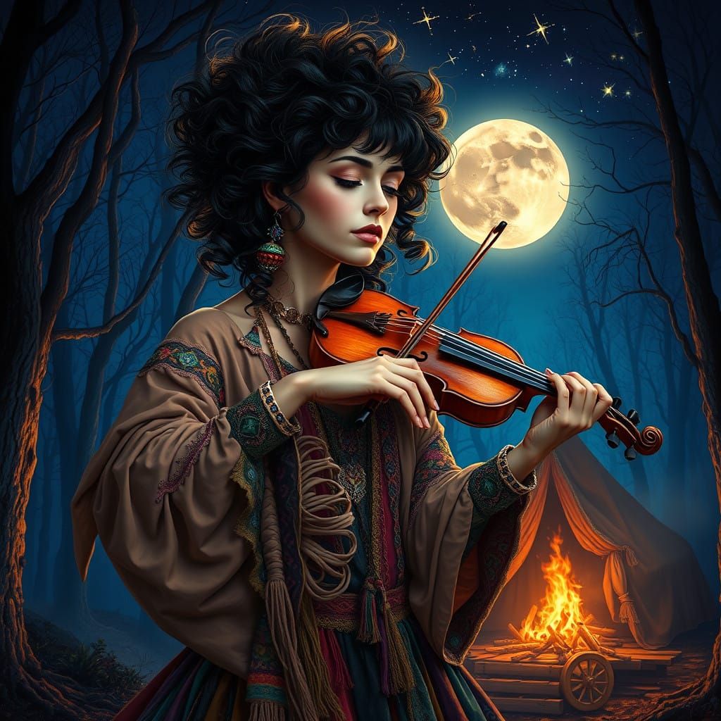 Mystical Gypsy Violinist Under the Full Moon