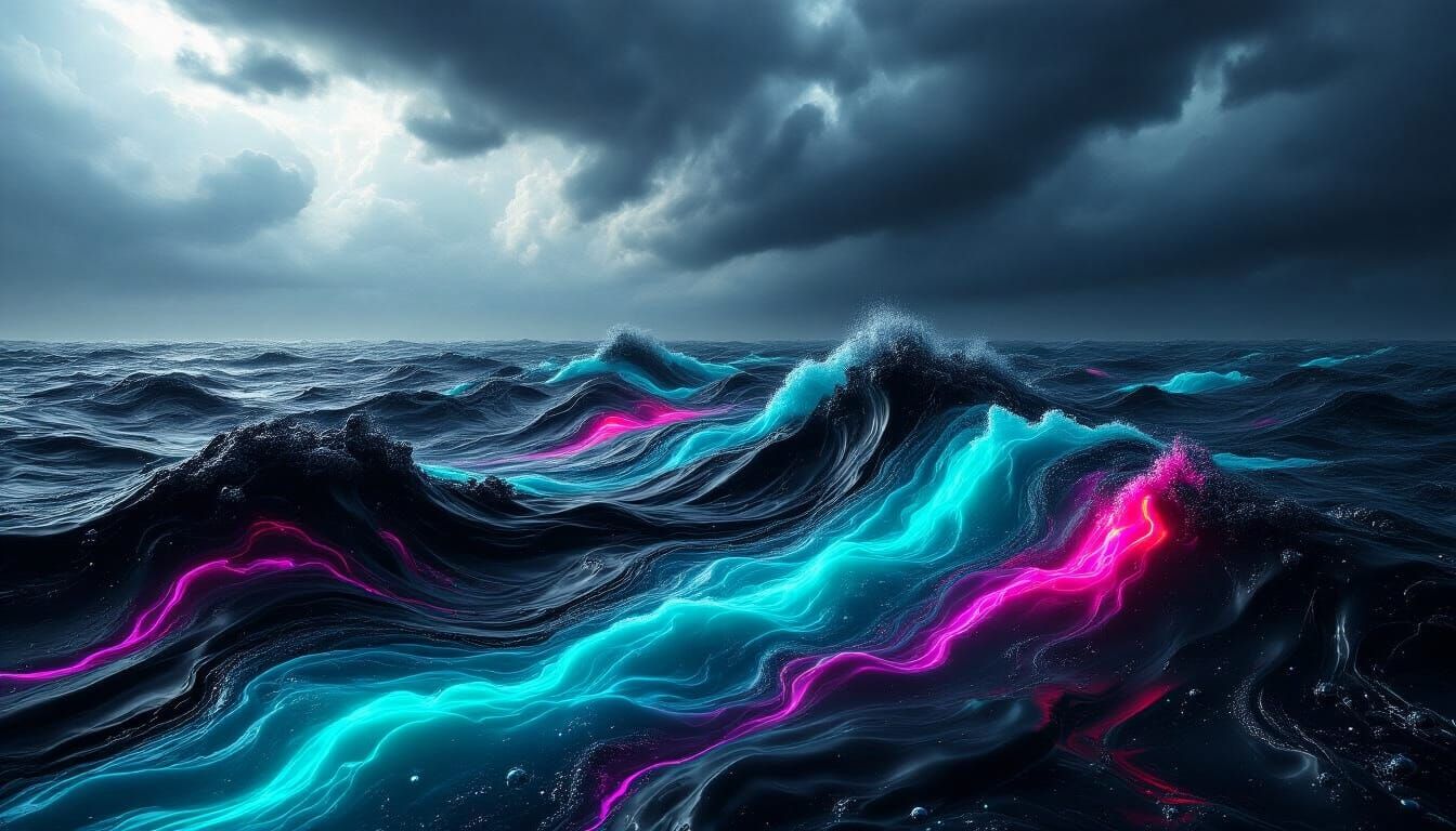 Surreal Oil Sea with Neon Colors and Stormy Sky