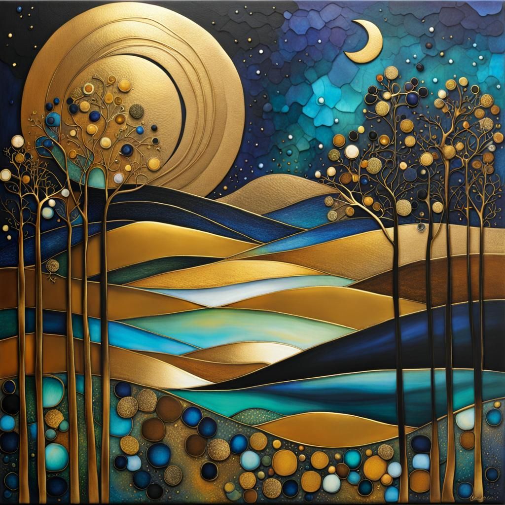 Cubist Night Scene in Gold and Vibrant Colors