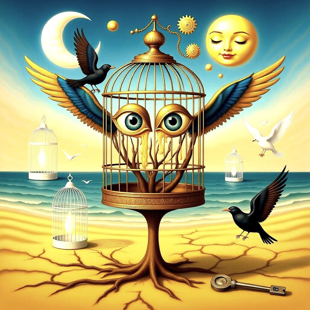 Surreal Birdcage with Melting Eyes in Dalí Style